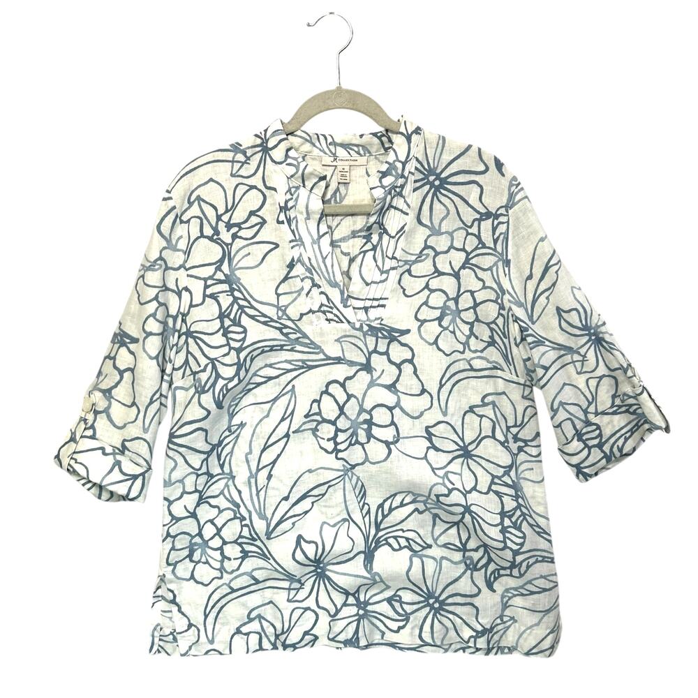JM Collection Linen Floral Top Women's Sz 12 White Blue V-Neck Lightweight Boho